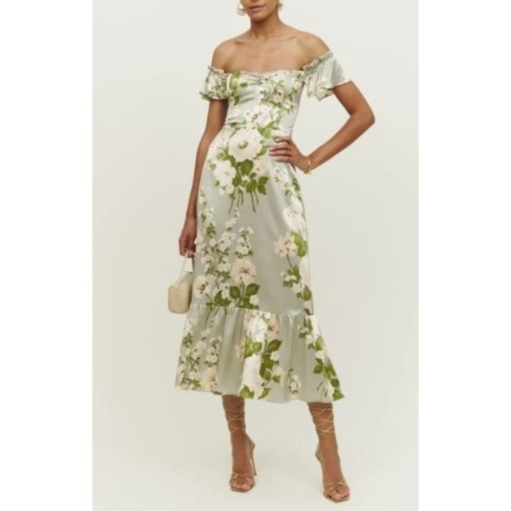Reformation Sianna Silk Floral Midi Dress Sage Green Ruffle Smocked Back Size 6